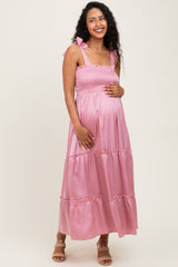 Pink Satin Smocked Maternity Maxi Dress