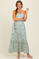 Light Olive Floral Sleeveless Waist Tie Maxi Dress