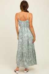 Light Olive Floral Sleeveless Waist Tie Maxi Dress