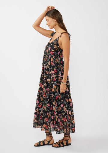 Black Floral Chiffon Button Front Midi Dress