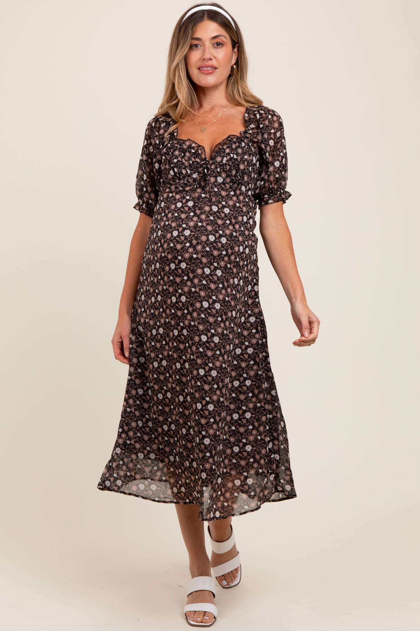Black Floral Chiffon Sweetheart Puff Sleeve Maternity Midi Dress