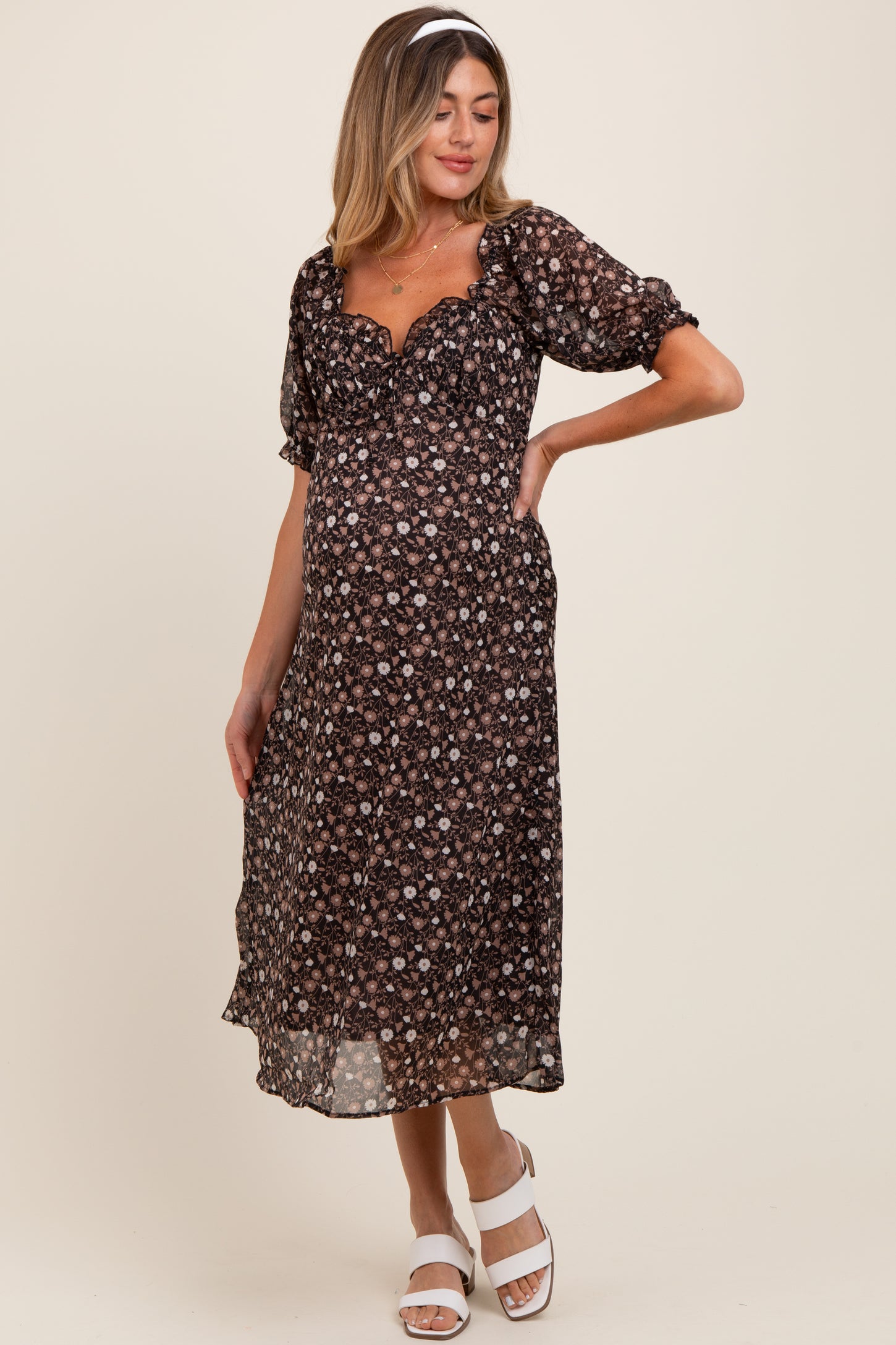 Black Floral Chiffon Sweetheart Puff Sleeve Maternity Midi Dress