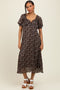 Black Floral Chiffon Sweetheart Puff Sleeve Midi Dress