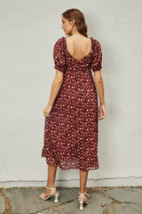 Burgundy Floral Chiffon Sweetheart Puff Sleeve Midi Dress