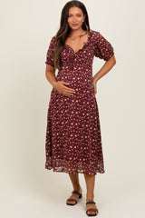 Burgundy Floral Chiffon Sweetheart Puff Sleeve Maternity Midi Dress