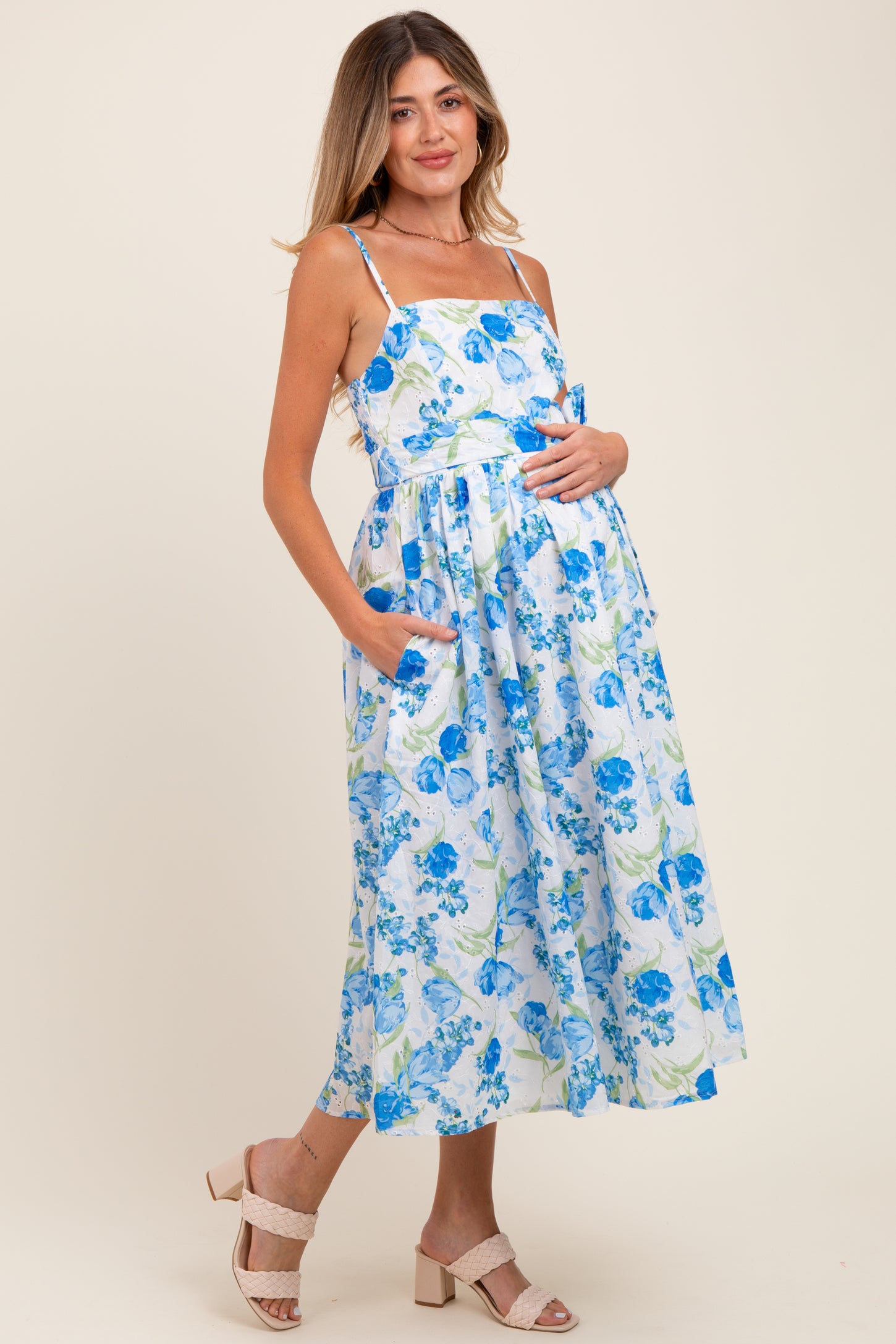Blue Floral Sleeveless Sash Tie Maternity Midi Dress