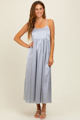 Light Grey Satin Sleeveless Tie-Back Midi Dress
