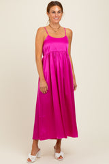 Fuchsia Satin Sleeveless Tie-Back Maternity Midi Dress