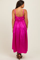 Fuchsia Satin Sleeveless Tie-Back Maternity Midi Dress