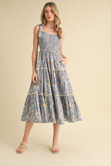 Denim Floral Smocked Ruffled Lace Trim Maternity Midi Dress