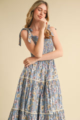Denim Floral Smocked Ruffled Lace Trim Midi Dress