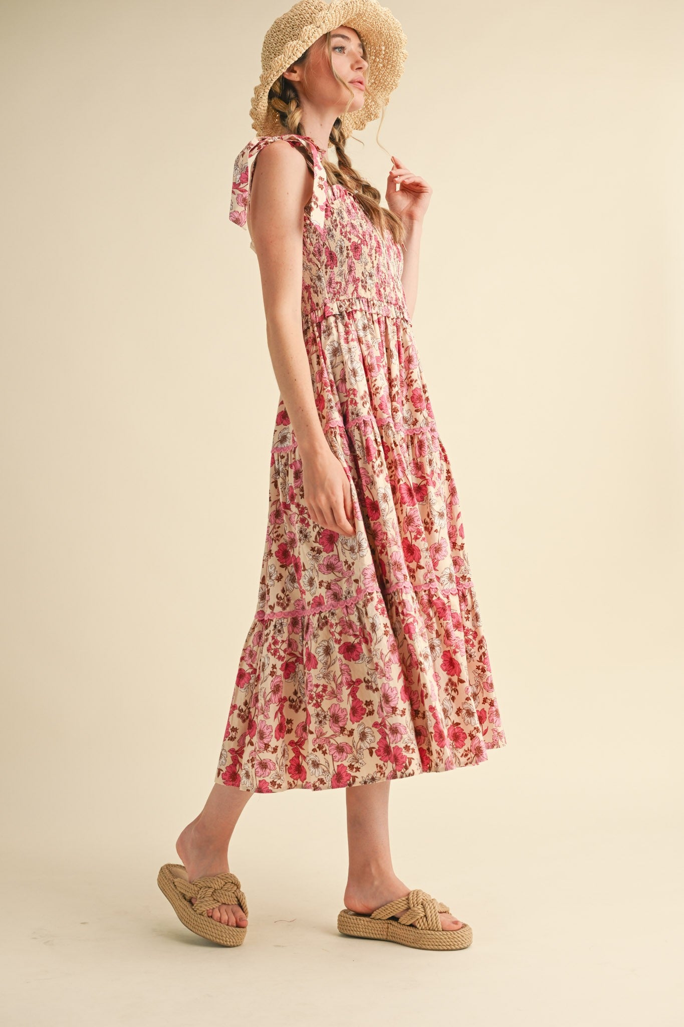Pink Floral Smocked Ruffled Lace Trim Midi Dress