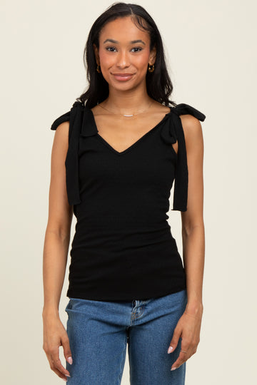 Black Solid Ribbed Sleeveless Tie V-Neck Top