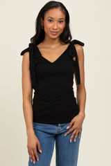 Black Solid Ribbed Sleeveless Tie V-Neck Maternity Top