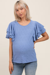 Blue Textured Ruffle Sleeve Maternity Top