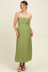 Light Olive Pleated Bodice Strapless Maternity Midi Dress