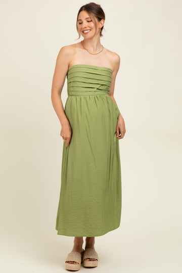 Light Olive Pleated Bodice Strapless Maternity Midi Dress
