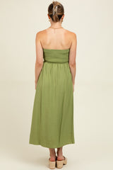 Light Olive Pleated Bodice Strapless Maternity Midi Dress