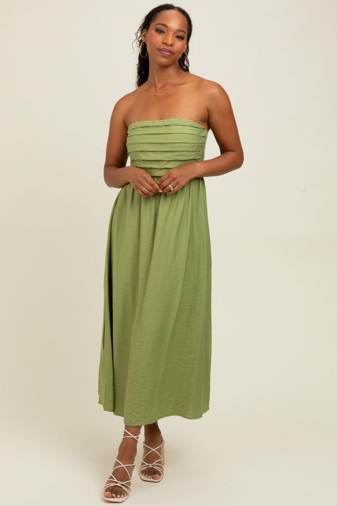 Light Olive Pleated Bodice Strapless Midi Dress