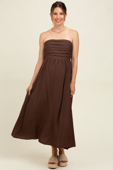 Brown Pleated Bodice Strapless Maternity Midi Dress