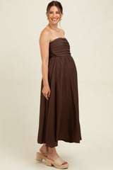 Brown Pleated Bodice Strapless Maternity Midi Dress