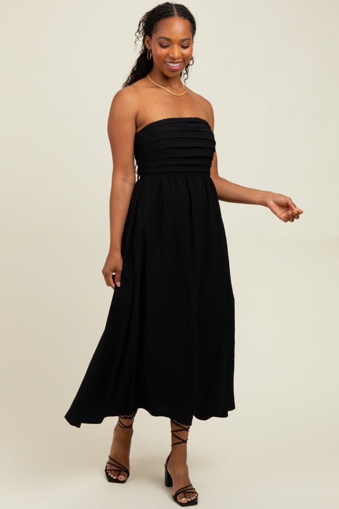 Black Pleated Bodice Strapless Midi Dress