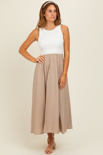Beige Contrast Knit Top Sleeveless Midi Dress