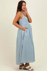 Light Blue Square Neck Fit And Flare Maternity Midi Dress