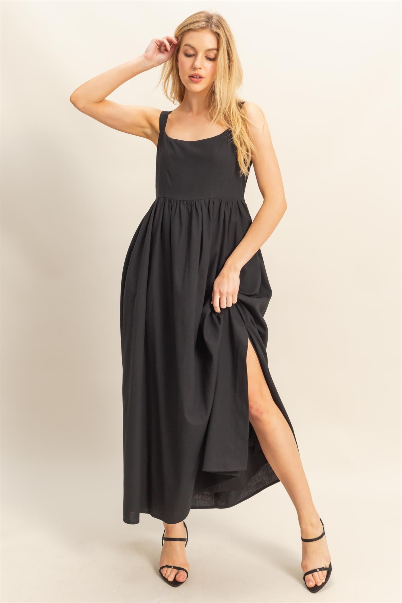 Black Square Neck Fit And Flare Midi Dress