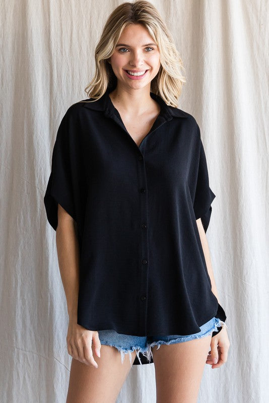 Black Solid Collared Button-Up Top