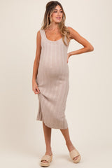 Beige Wide Ribbed Sweater Knit Maternity Midi Dress