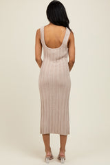 Beige Wide Ribbed Sweater Knit Midi Dress