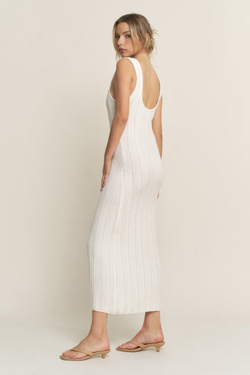 Ivory Wide Ribbed Sweater Knit Midi Dress