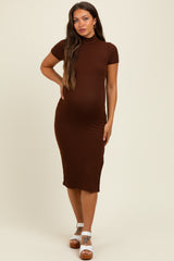 Brown Mock Neck Short Sleeve Maternity Dress