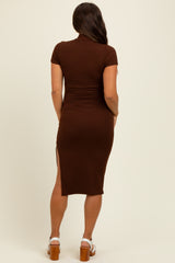 Brown Mock Neck Short Sleeve Maternity Dress