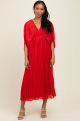 Red Pleated V Neck Maxi Dress