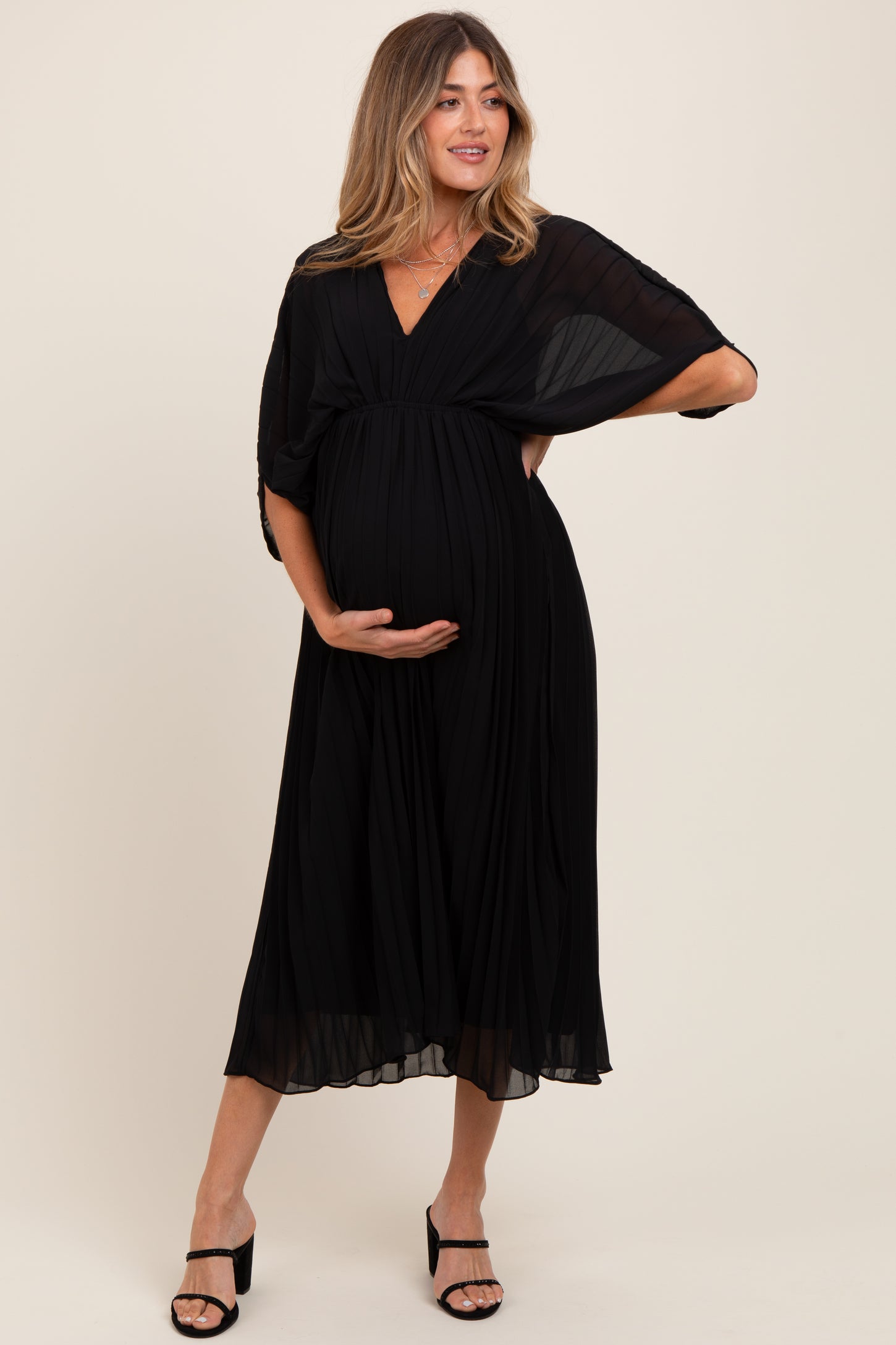 Black Pleated V Neck Maternity Maxi Dress