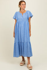 Blue/Silver Striped Short Sleeve V-Neck Tiered Midi Dress