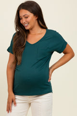 Forest Green V-Neck Front Pocket Maternity Short Sleeve T-Shirt