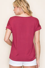 Burgundy V-Neck Front Pocket Short Sleeve T-Shirt