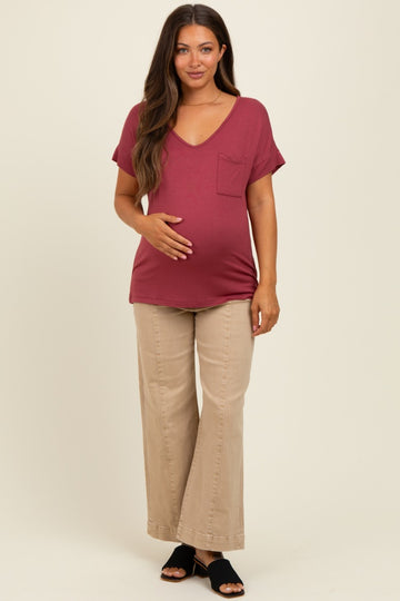 Burgundy V-Neck Front Pocket Maternity Short Sleeve T-Shirt