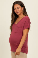Burgundy V-Neck Front Pocket Maternity Short Sleeve T-Shirt