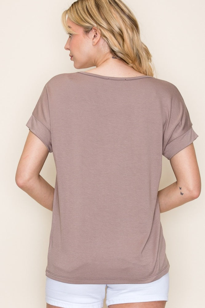 Light Taupe V-Neck Front Pocket Short Sleeve T-Shirt