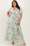 Light Olive Floral Chiffon Sash Tie Plus Maxi Dress