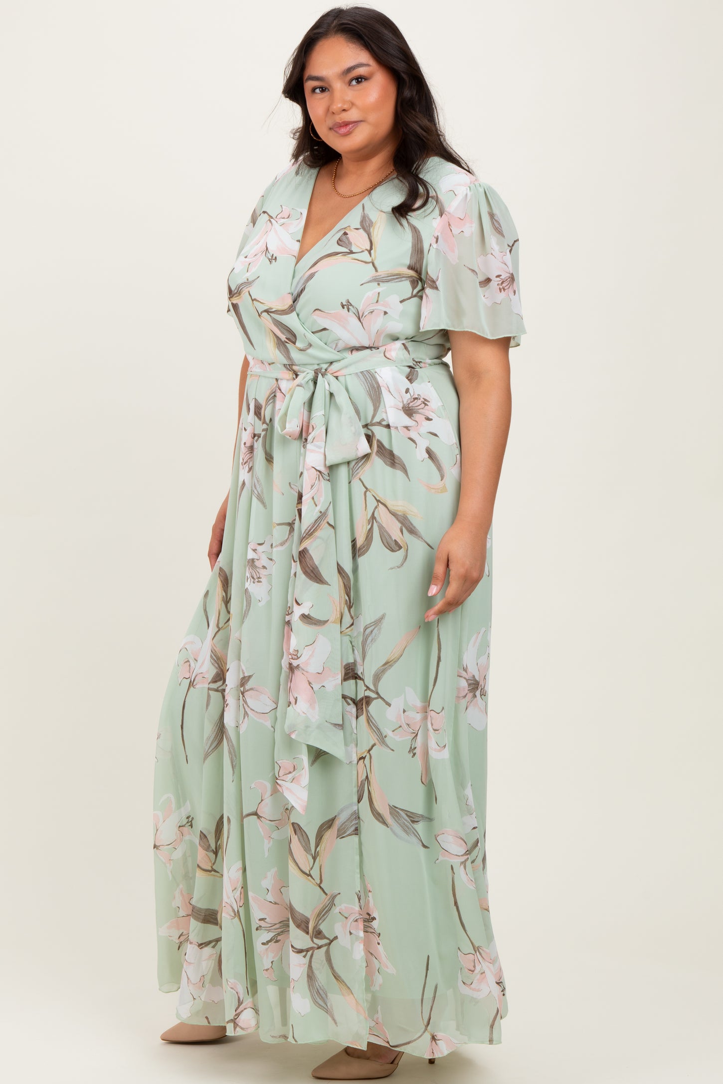 Light Olive Floral Chiffon Sash Tie Plus Maxi Dress