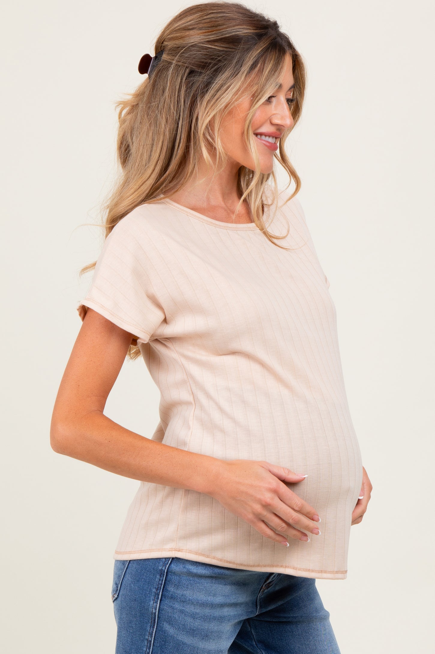 Beige Ribbed Relaxed Maternity Tee