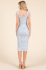 Blue Floral Ditsy Cap Sleeve Side Slit Midi Dress