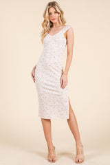 Pink Floral Ditsy Cap Sleeve Side Slit Maternity Midi Dress