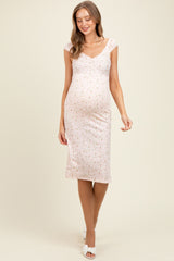 Pink Floral Ditsy Cap Sleeve Side Slit Maternity Midi Dress