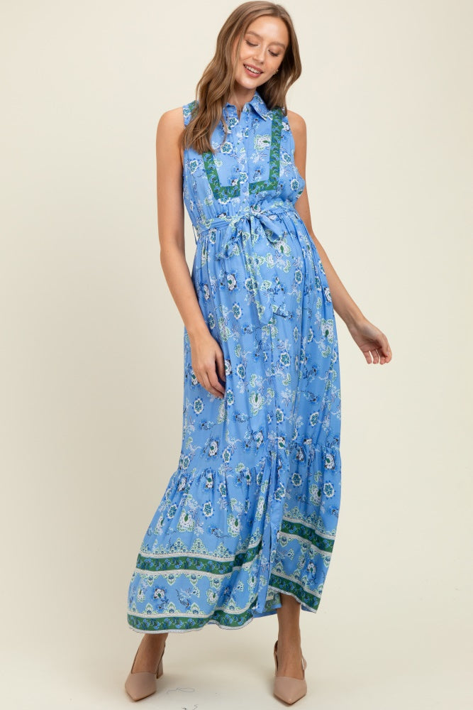 Blue Border Print Collared Button Down Maternity Maxi Dress